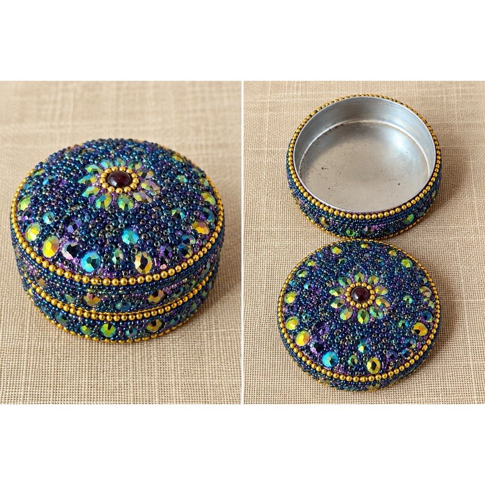 Round Beaded Rhinestone Trinket Jewelry Box Iridescent Blue Purple Gold Metal